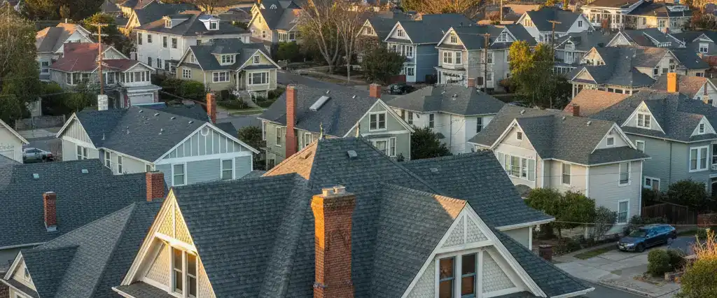 Well-maintained residential rooftops in Martinez, Contra Costa County, California, with rolling hills and coastal haze