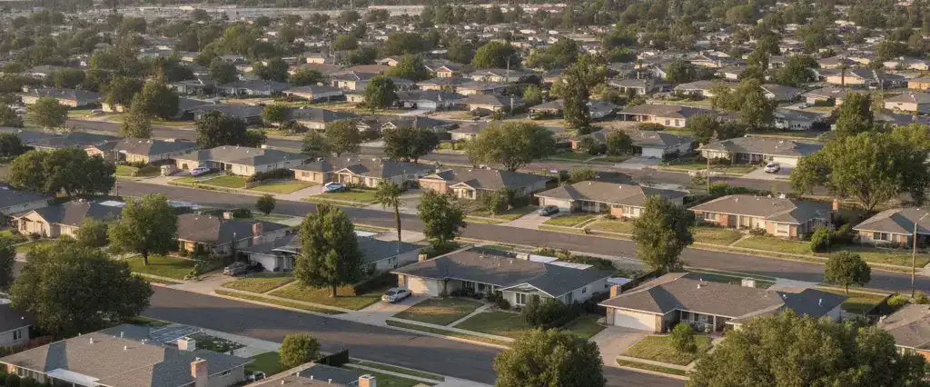 Well-maintained residential rooftops in Fresno, Fresno County, California, with the open valley and distant foothills