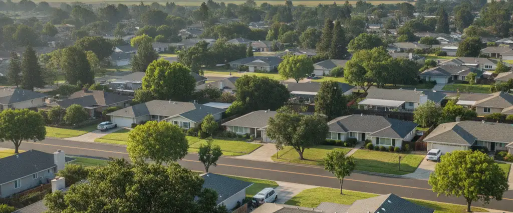 Well-maintained residential rooftops in Davis, Yolo County, California, with the open valley and distant foothills