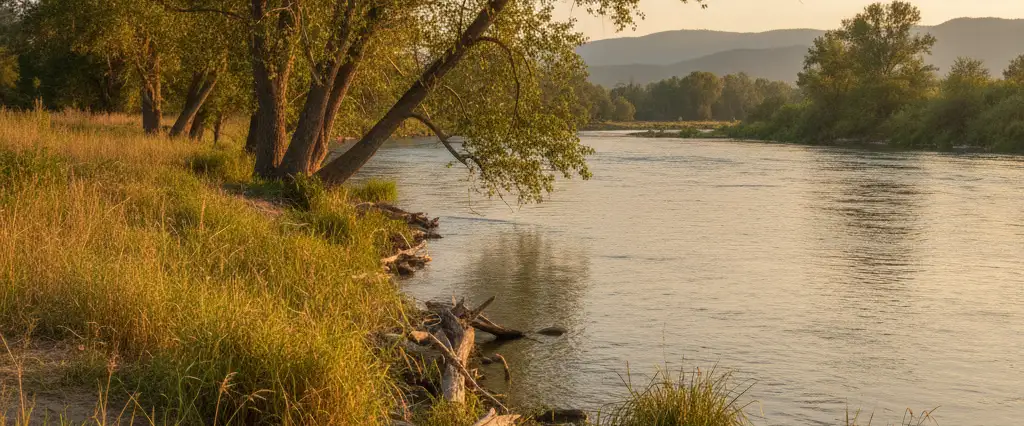 Sacramento County broad valley river seen from the reedy near shore at golden hour with low Sierra foothills beyond, near Fair Oaks, California