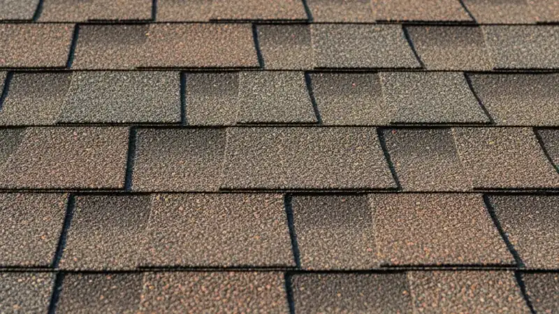 Close-up of weathered asphalt shingle roof showing texture and granule pattern